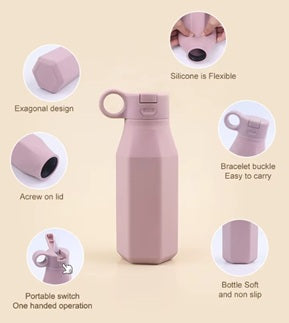 Set pranz din silicon cu sticla si caserola compartimentata – rezistent, sigur si reutilizabil, roz