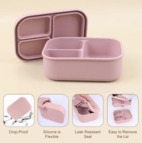 Set pranz din silicon cu sticla si caserola compartimentata – rezistent, sigur si reutilizabil, roz