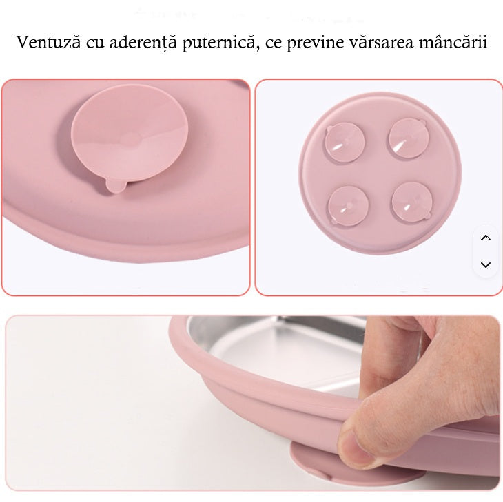 Set de hranire din silicon si inox pentru bebelusi – 7 piese, roz