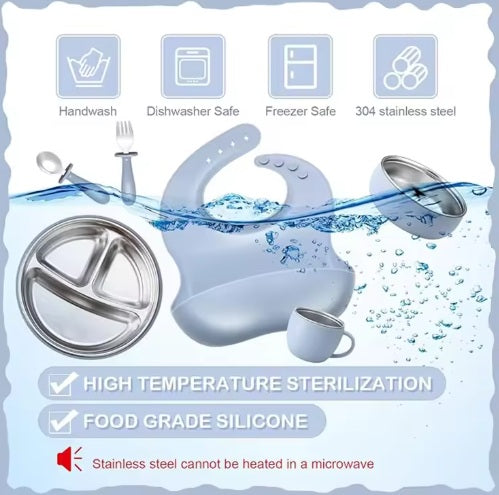 Set de hranire din silicon si inox pentru bebelusi – 7 piese, albastru
