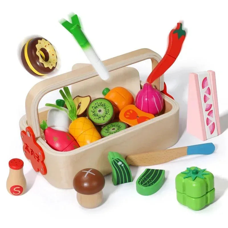 Set Fructe Magnetice din Lemn – Lădiță cu Fructe și Cuțit