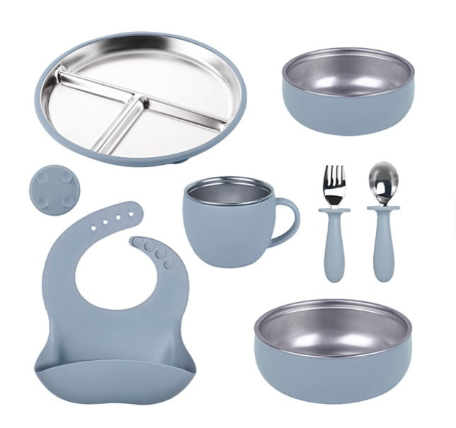 Set de hranire din silicon si inox pentru bebelusi – 7 piese, albastru