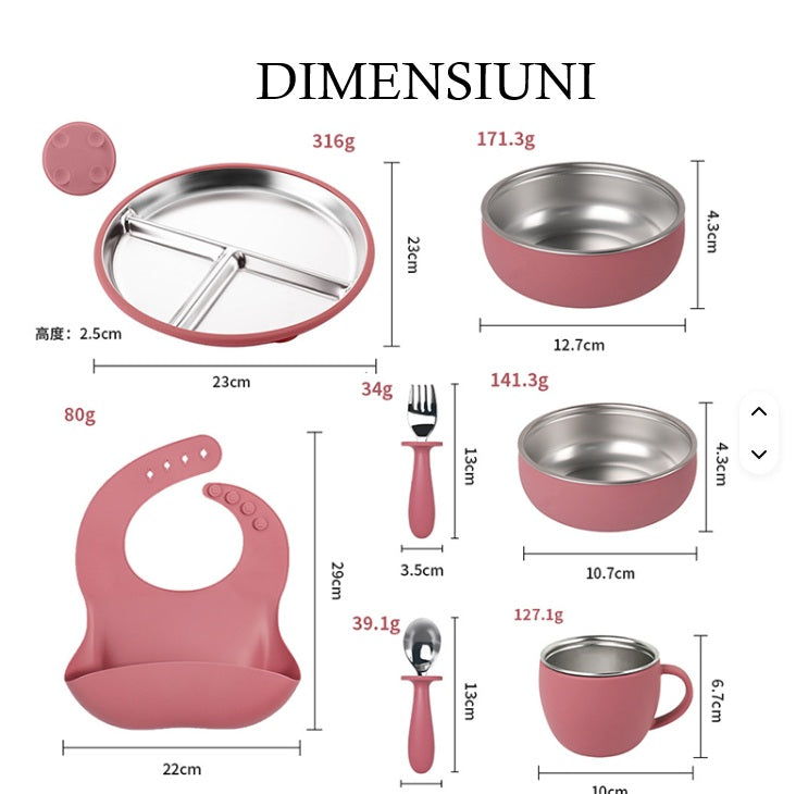 Set de hranire din silicon si inox pentru bebelusi – 7 piese, roz