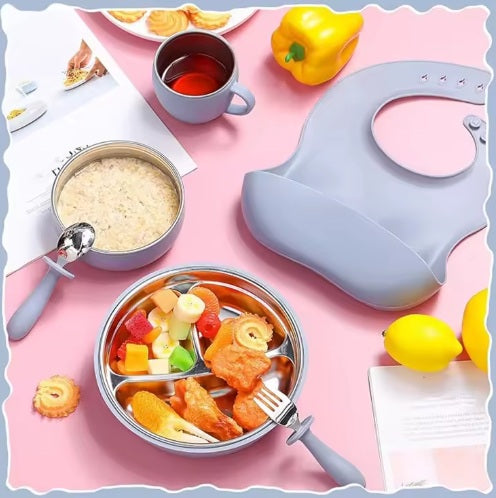 Set de hranire din silicon si inox pentru bebelusi – 7 piese, albastru
