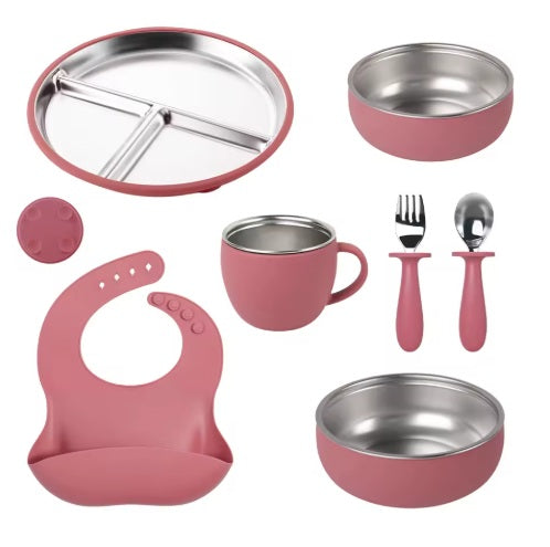 Set de hranire din silicon si inox pentru bebelusi – 7 piese, roz