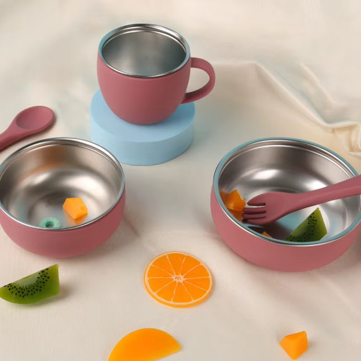 Set de hranire din silicon si inox pentru bebelusi – 7 piese, roz