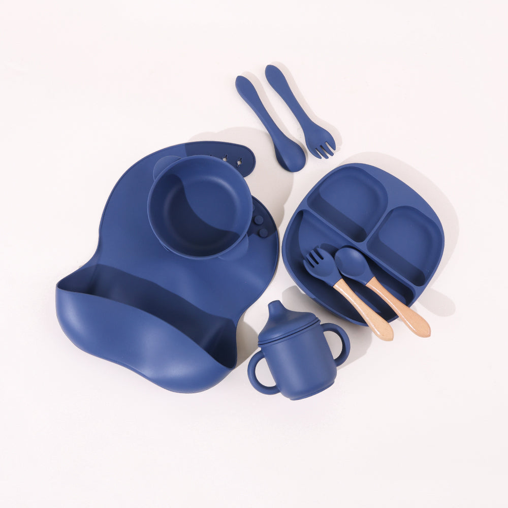 Set de hranire pentru bebelusi din silicon, 10 piese, albastru