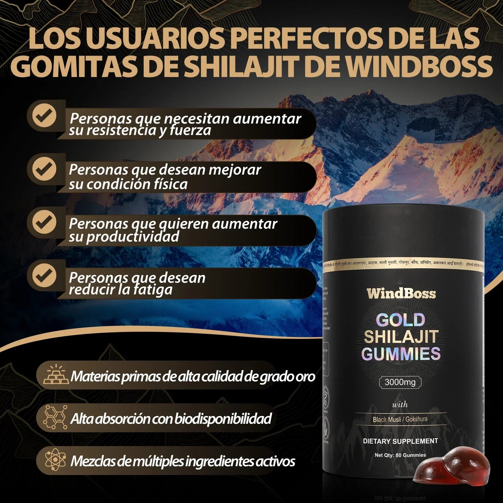 WindBoss Gold Shilajit Gummies – 3000mg de Energía del Himalaya (Grado Oro)✨🏔️