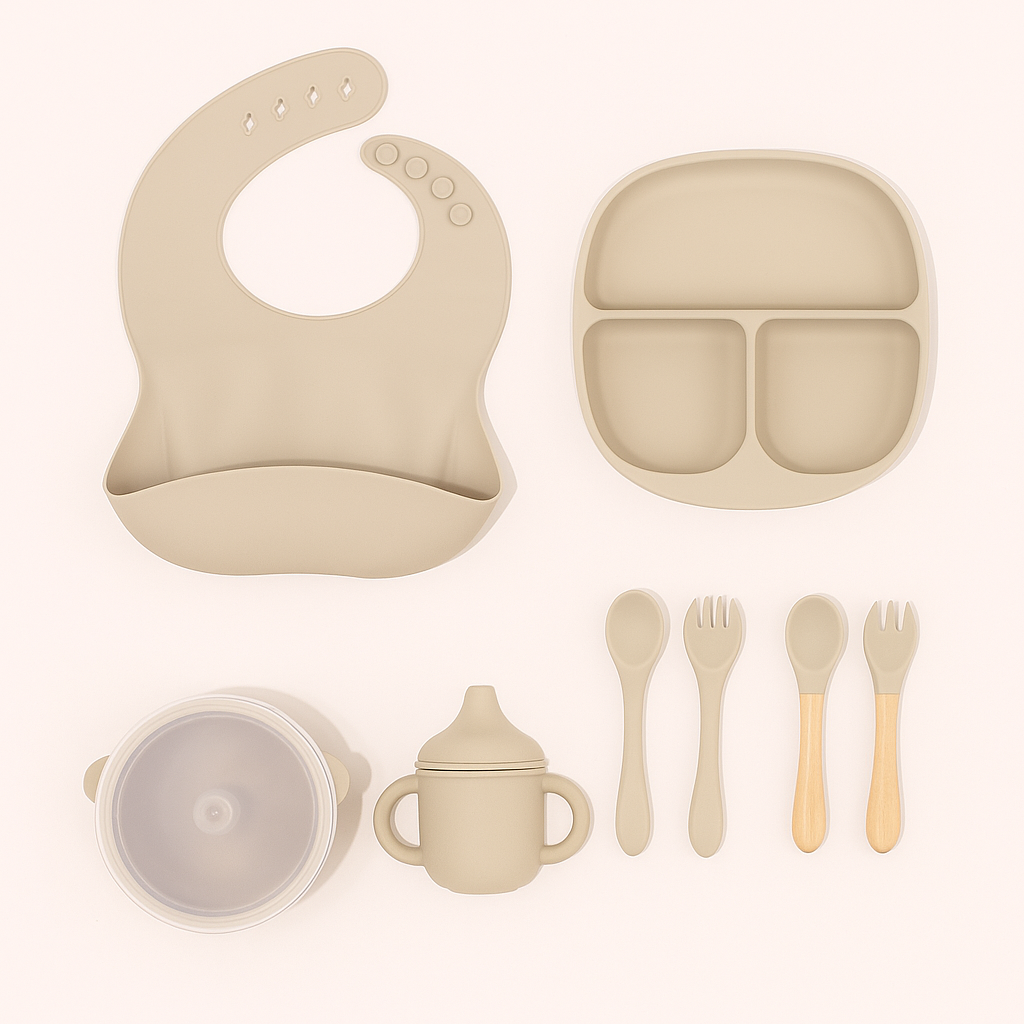 Set de hranire pentru bebelusi din silicon, 10 piese, crem