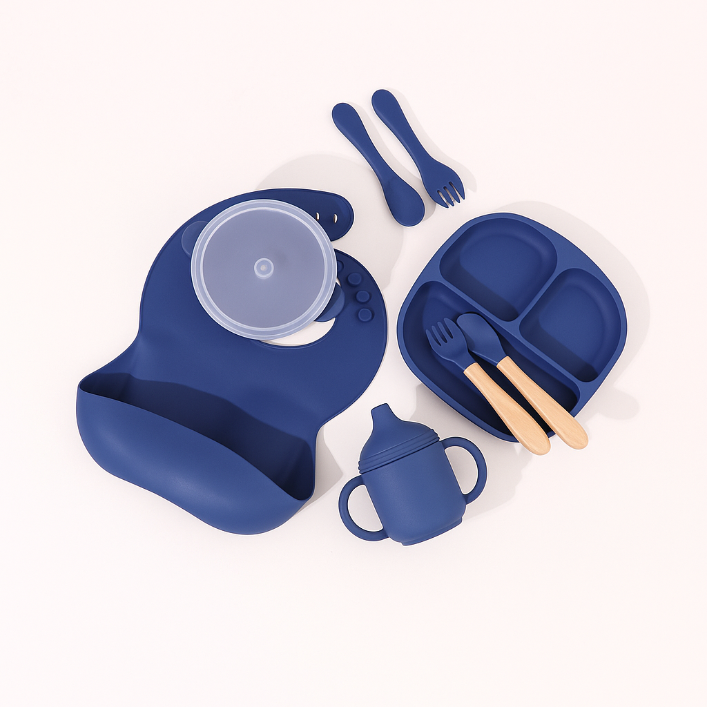 Set de hranire pentru bebelusi din silicon, 10 piese, albastru